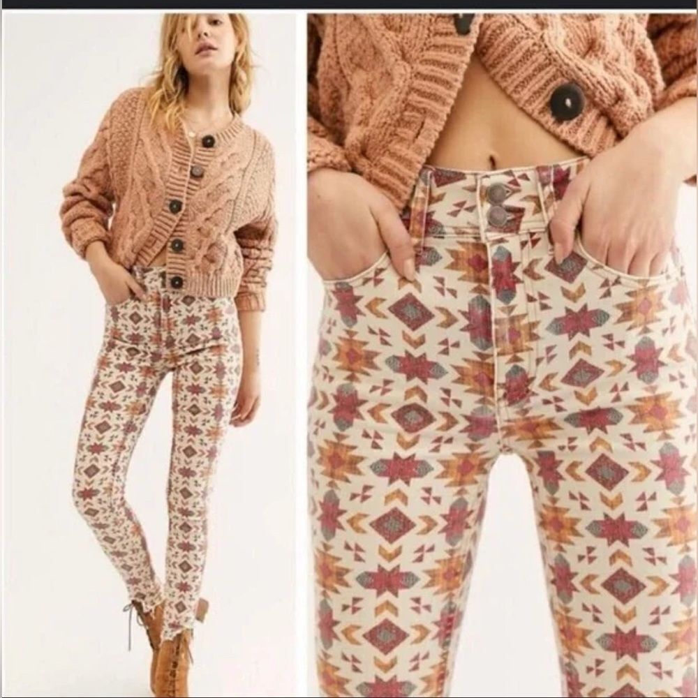 Free People Aztec Print Skinny Jeans in Cream, Rust & Mauve